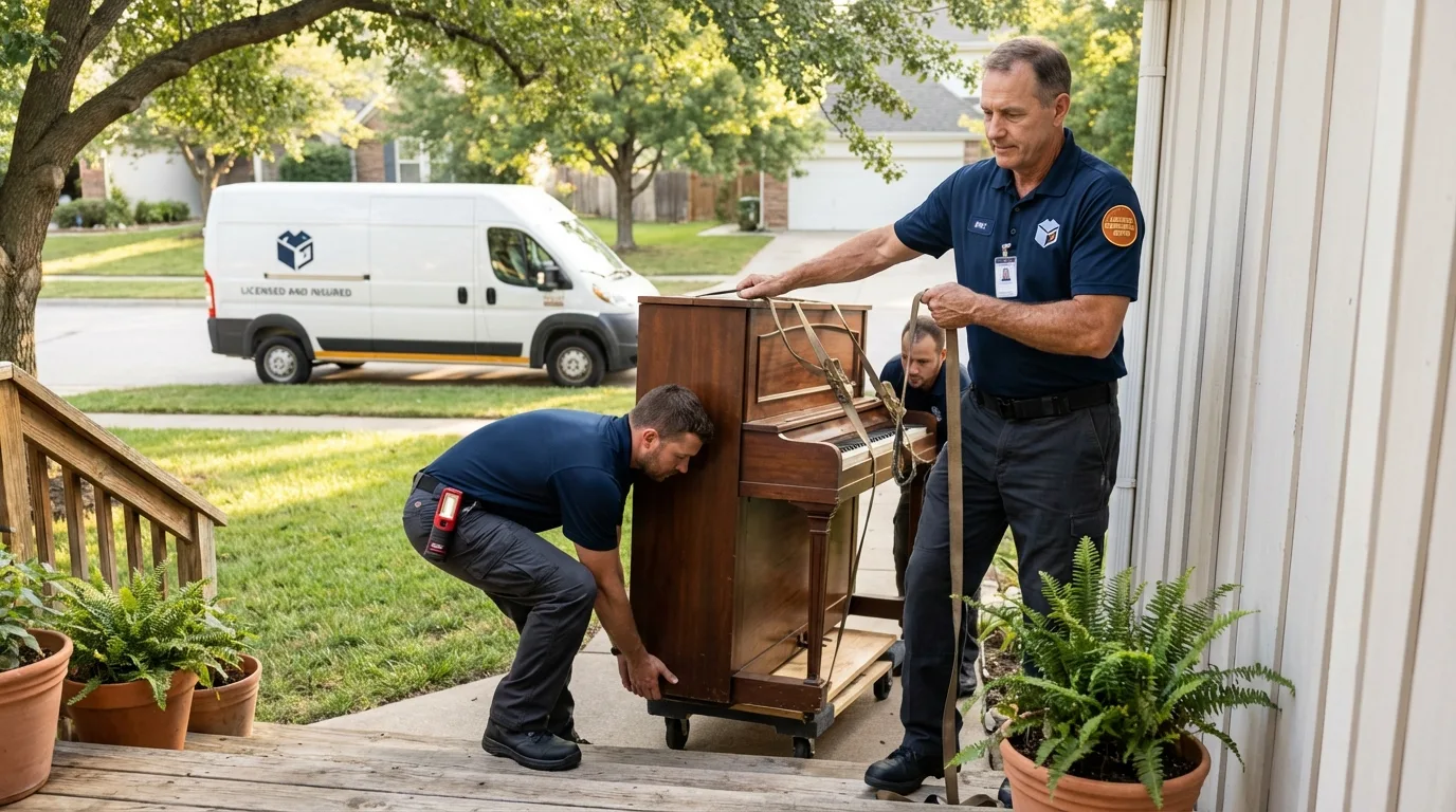 Licensed piano movers securing grand piano in Greenbelt, MD