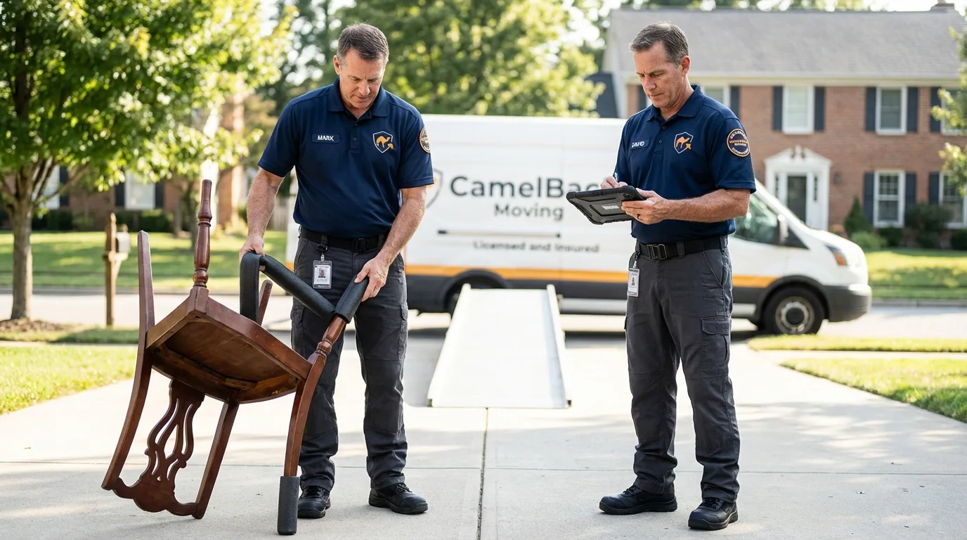Movers inspecting furniture for damage prevention before loading in Greenbelt, MD