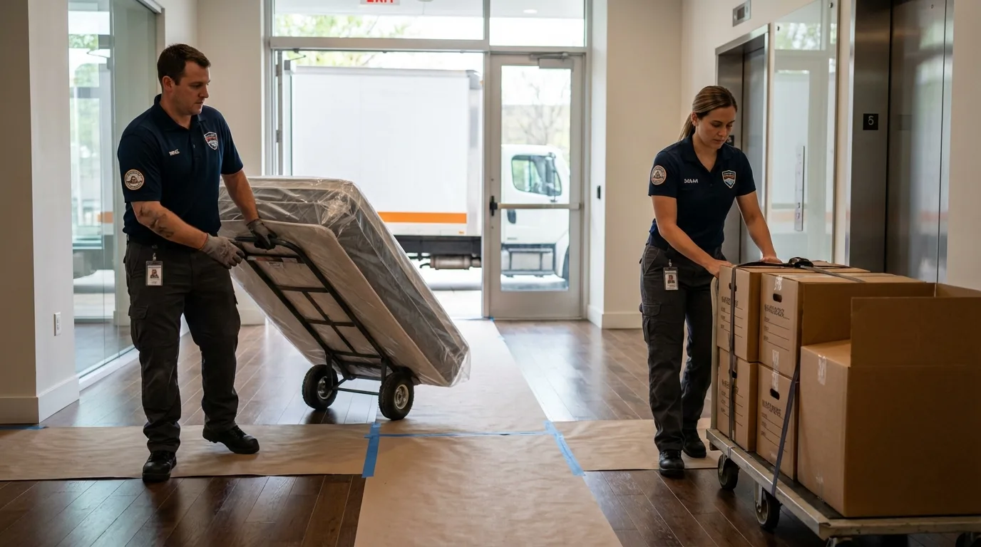 Professional apartment movers loading elevator in Greenbelt, MD