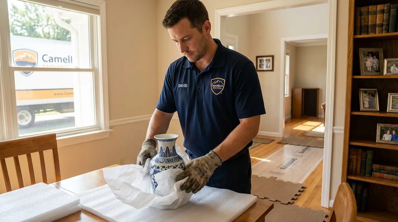 Professional crew carefully wrapping antique vase for senior downsizing move in Greenbelt, MD